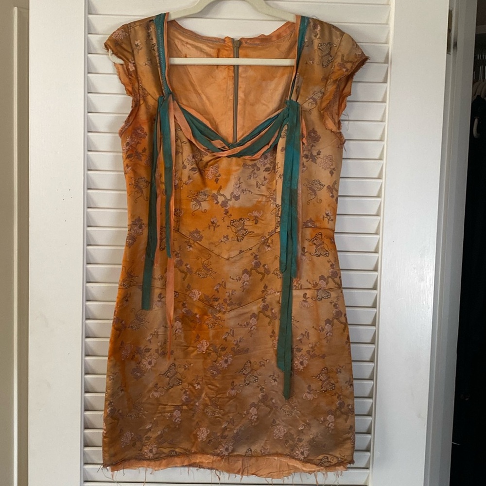Burnt Orange Floral Mini Dress with Teal Ribbon Ties